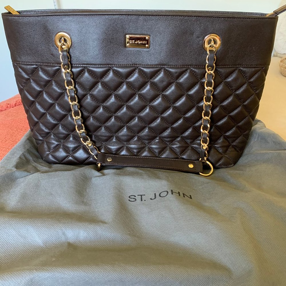 St John Mohagony Brown Quilted Leather Handbag/Tote